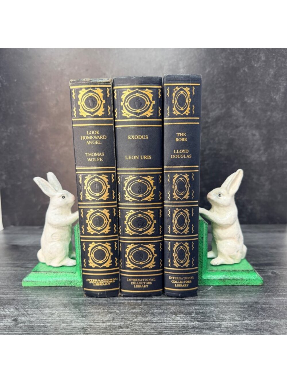 White Rabbit Bookends Cast Iron Bunny Pair Green Base Vintage Cottage